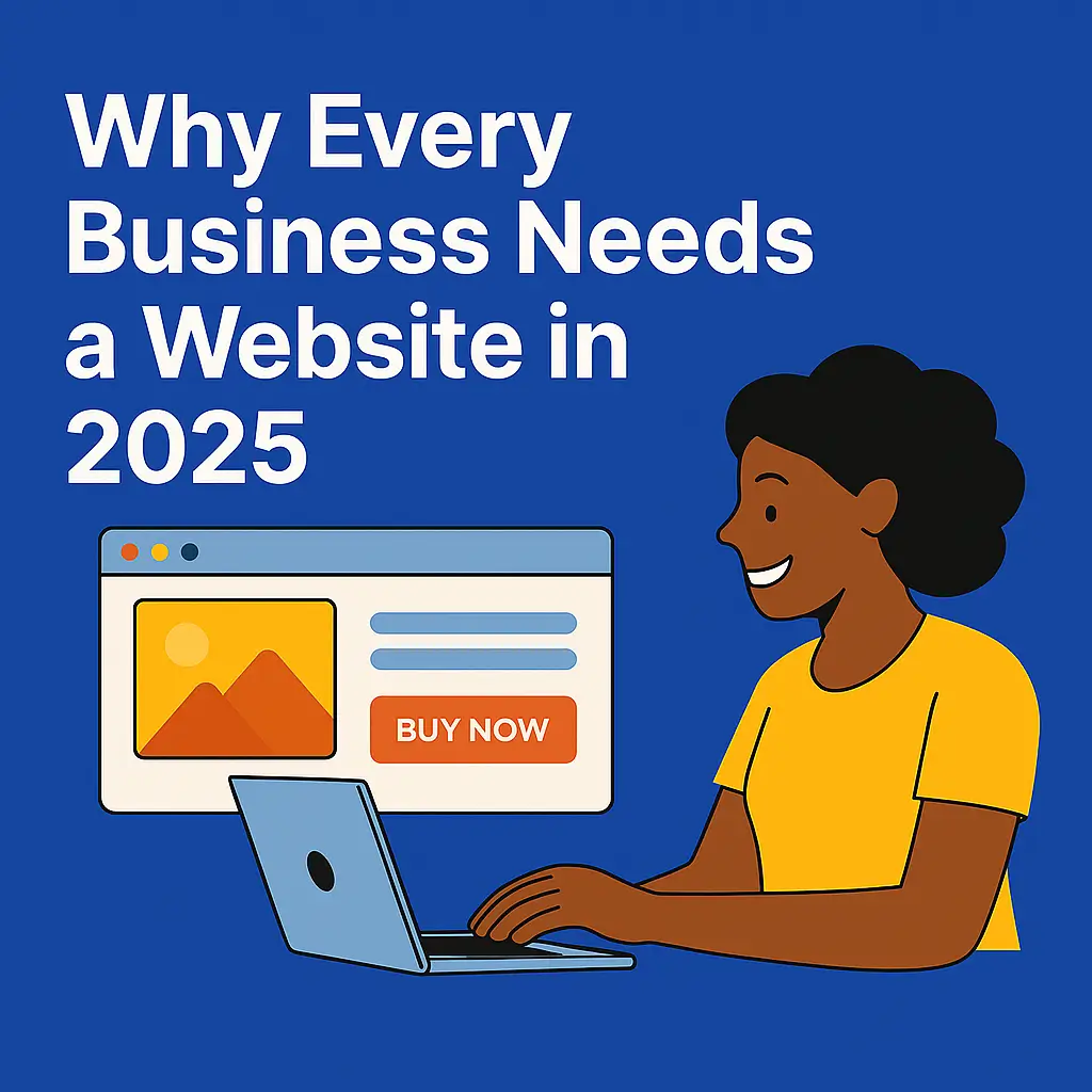 Flat-style digital illustration of a woman using a laptop, with a website interface on screen and bold white text that reads 'Why Every Business Needs a Website in 2025', set against a blue background.